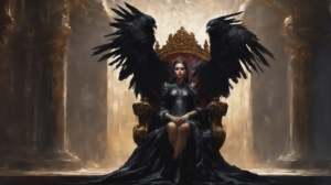 Morgan, the Raven Queen of Or'sen, sitting on a throne. Two giant ravens appear as wings behind her.